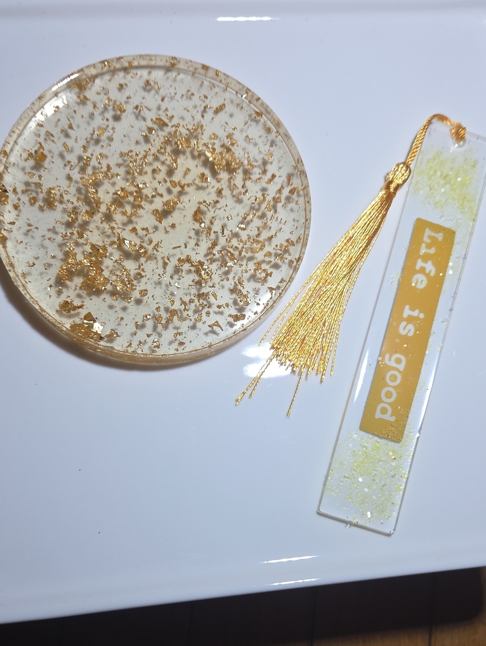 🌟Handmade-Gold Leaf Resin Coaster and Bookmark Set - Life Is Good